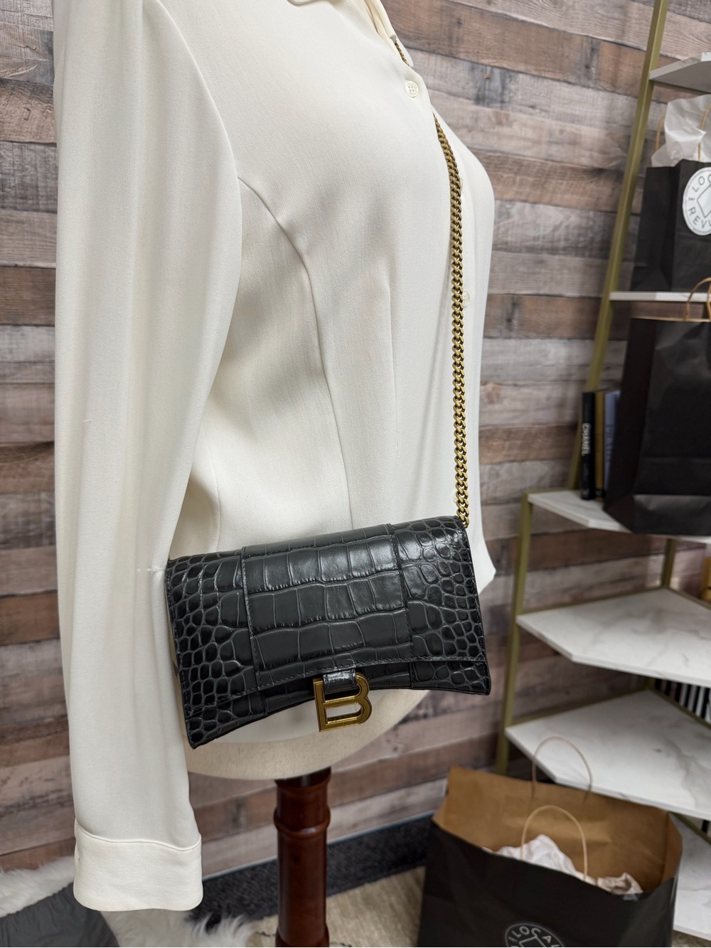 Balenciaga Black Croc-Embossed Crossbody with Gold Chain